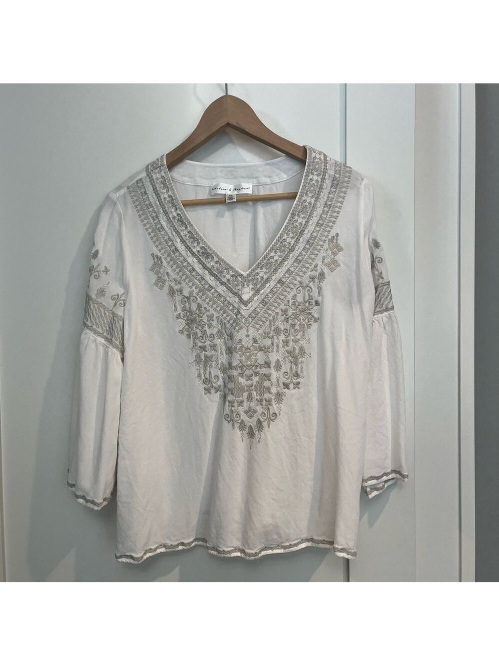 Chelsea & Theodore White Blouse with Gray Embroidery